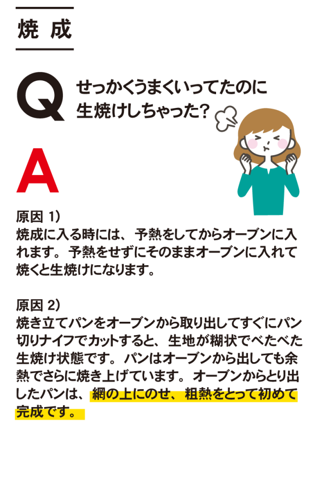 《焼成》 Q.　せっかくうまくいってたのに生焼けしちゃった？  A. 原因　1）焼成に入る時には、予熱をしてからオーブンに入れます。予熱をせずにそのままオーブンに入れて焼くと生焼けになります。 原因　2）焼きたてパンをオーブンから取り出してすぐにパンきりナイフでカットすると、生地が糊状でべたべた生焼け状態です。 パンはオーブンからだしても予熱でさらに焼き上げています。オーブンからとり出したパンは、網の上にのせ、粗熱をとってはじめて完成です。